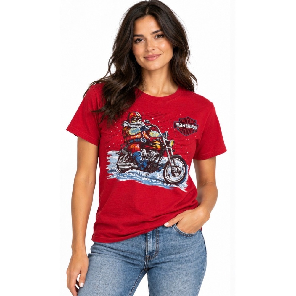 Harley-Davidson Biker Santa Christmas Graphic T-Shirt Womens Size M Red Festive